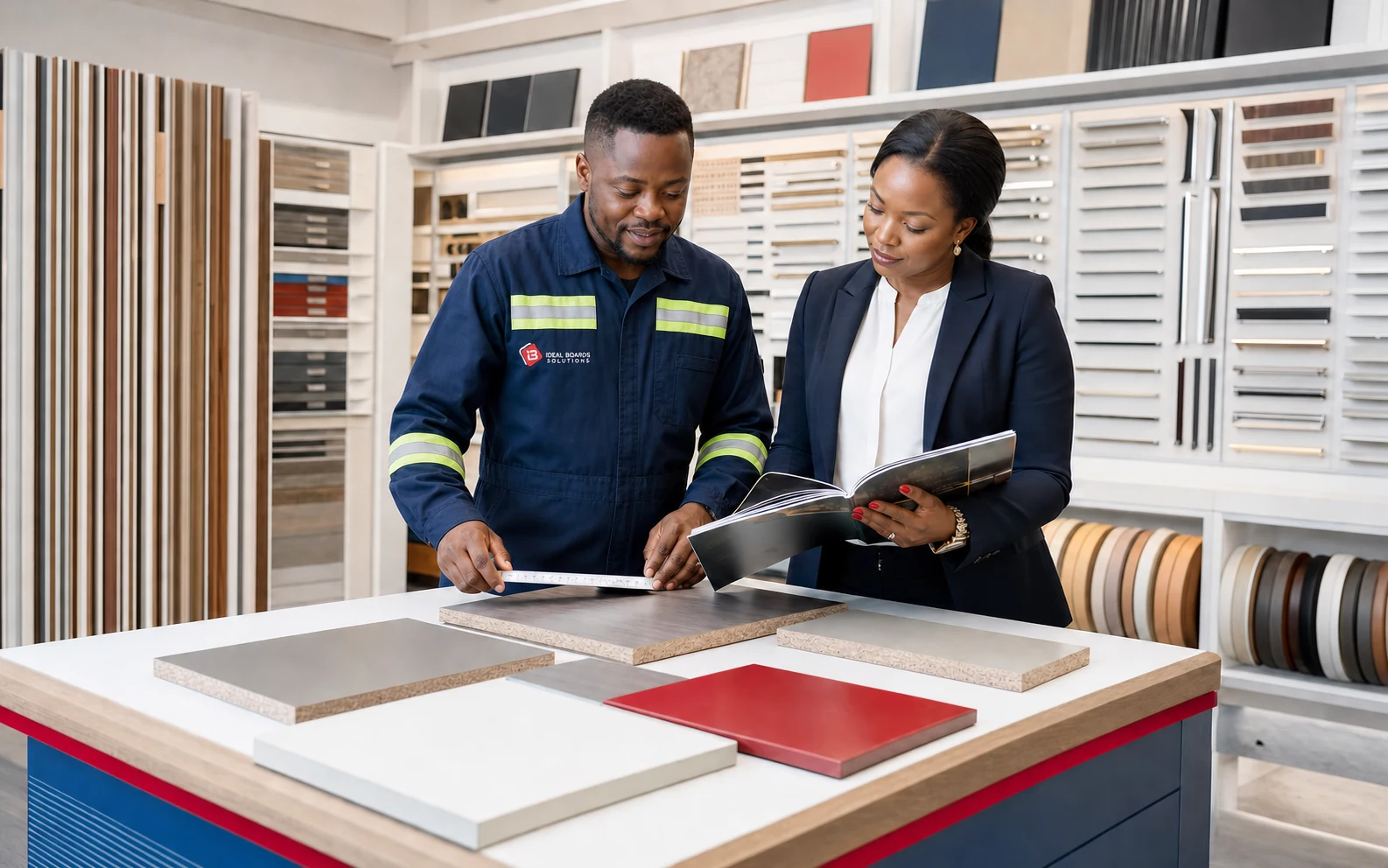Ideal Boards carpenter helping a customer review board samples
