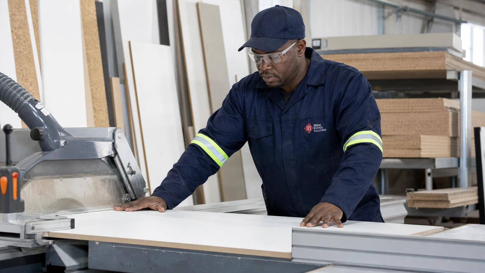 Ideal Boards worker cutting boards on a panel saw